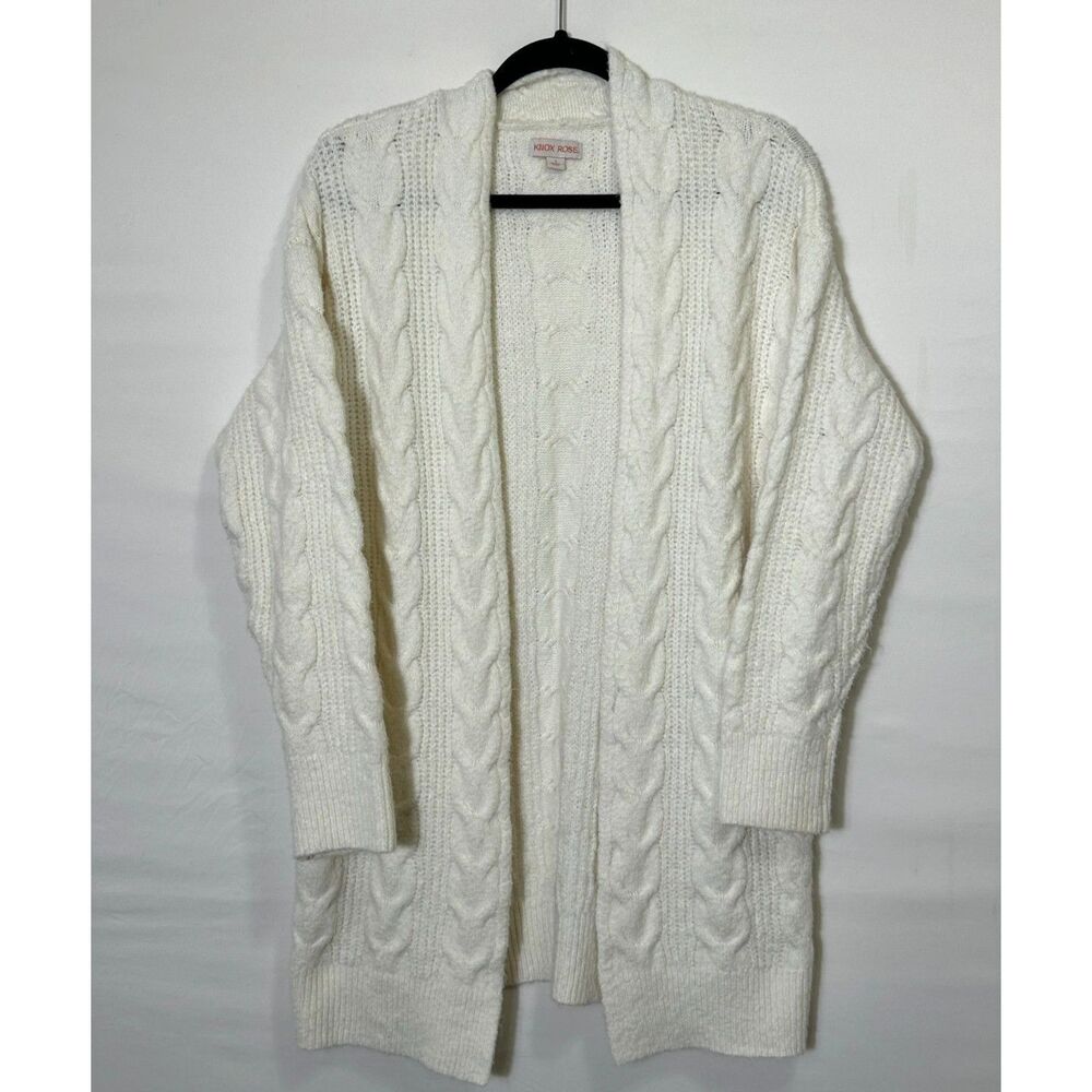 Knox Rose BOHO Women's Ivory Chunky Cable-Knit Open Front Cardigan Sweater SZ S